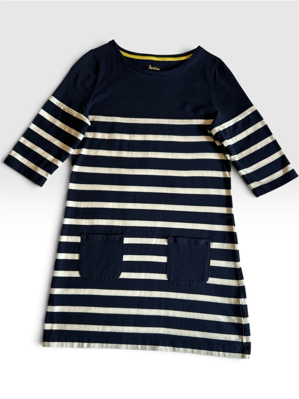 🟦🟨 Boden Breton Stripe Cotton Mini Dress Navy Ivory Pockets 3/4 Sleeve 8 M